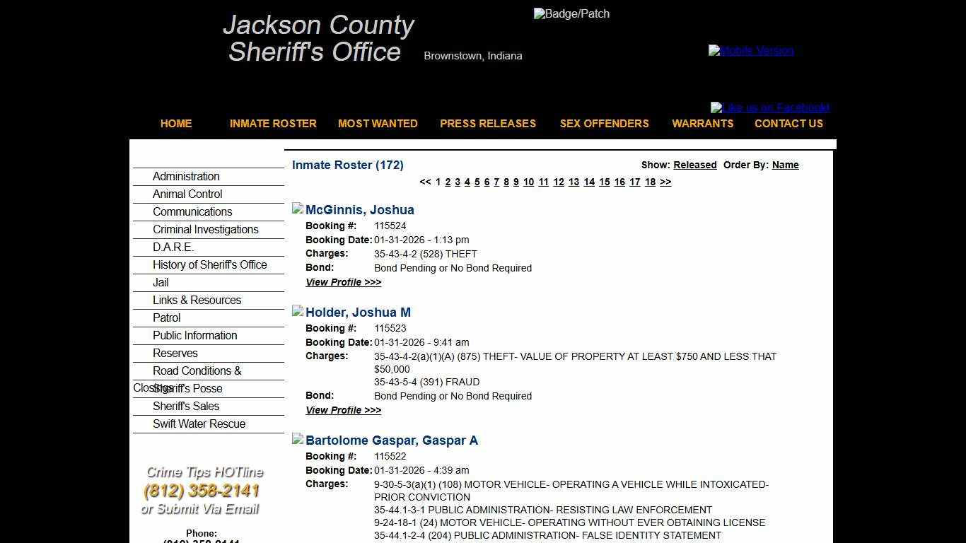 Inmate Roster - Current Inmates Booking Date Descending - Jackson County IN Sheriff